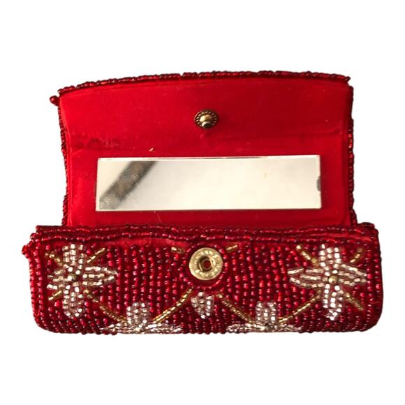 Vintage Beaded Evening Lipstick Case Holders Lot Red & Black Floral With Mirrors - Picture 14 of 16